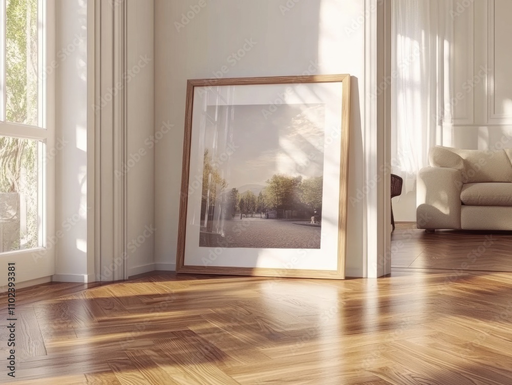 Fototapeta premium Tropical workspace mockup with framed greenery and rustic furniture