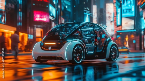 Futuristic electric vehicle in a vibrant city at night.