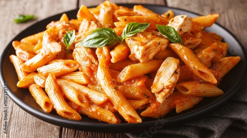 A close-up image of penne pasta with grilled chicken, basil, and cherry tomatoes in a black bowl.