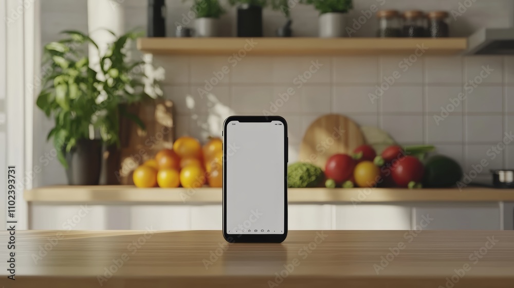 Modern smartphone with blank screen standing on wooden table in kitchen with various fruits and vegetables on counter in background, suggesting online shopping for groceries Modern smartphone with blank screen standing on wooden table in kitchen with various fruits and vegetables on counter in background, suggesting online shopping for groceries