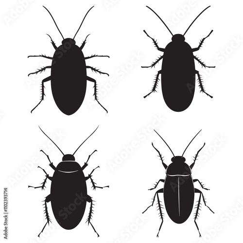 Cockroach Silhouette Vector Illustration, Black Cockroach Silhouette Icon Set, Creepy Cockroach Silhouette on White Background.