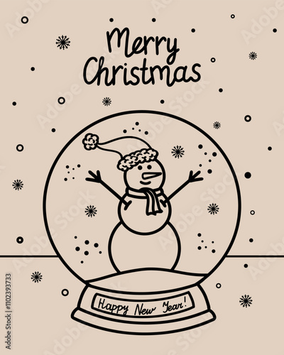 New Year vector postcard of a New Year's ball with a snowman. Vector winter hand-drawn illustration. Merry Christmas 2025. A glass snow globe with a snowman and snowflakes.