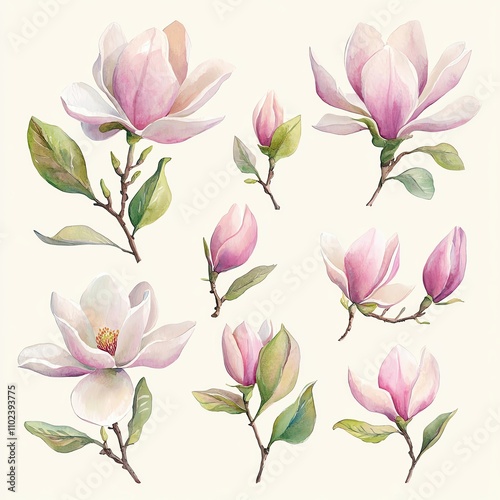 Collection set watercolor pastel magnolia flowers with light green and blush tones