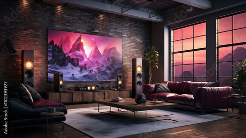 A modern living room featuring a large TV  comfortable seating  and stunning sunset views through large windows.