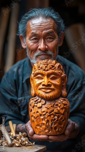 Elderly man showcasing wood sculpture. photo