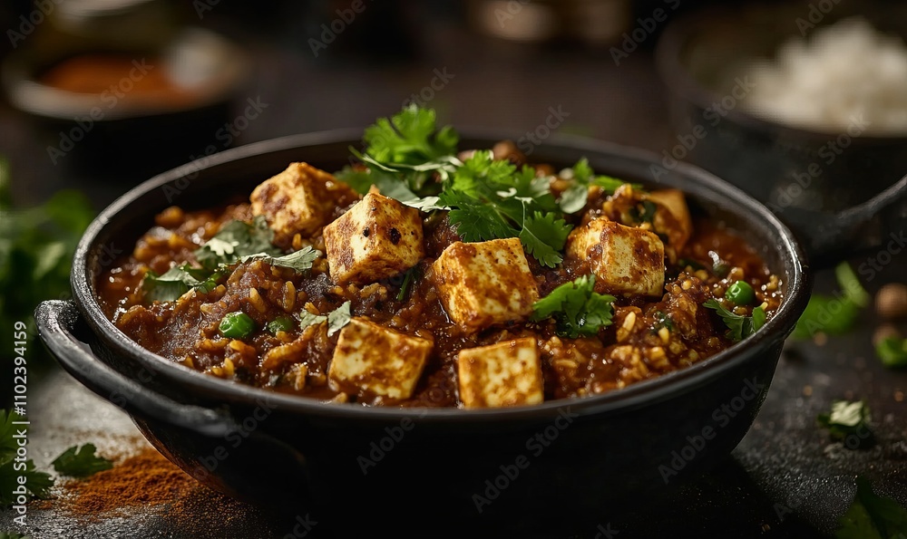 A beautifully styled image of a serving spoon overflowing with paneer biryani, with aromatic spices sprinkled around and fresh coriander leaves for garnish A beautifully styled image of a serving spoon overflowing with paneer biryani, with aromatic spices sprinkled around and fresh coriander leaves for garnish
