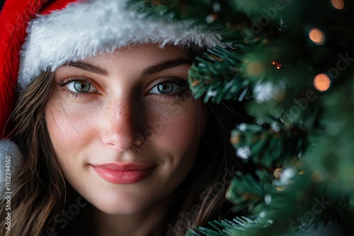 A portrait featuring a woman donning a Santa hat, with a Christmas tree in the backdrop.