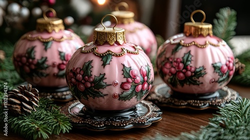 Pink Christmas ornaments with holly.