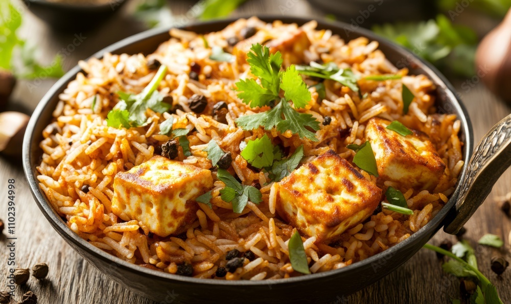 A beautifully styled image of a serving spoon overflowing with paneer biryani, with aromatic spices sprinkled around and fresh coriander leaves for garnish A beautifully styled image of a serving spoon overflowing with paneer biryani, with aromatic spices sprinkled around and fresh coriander leaves for garnish