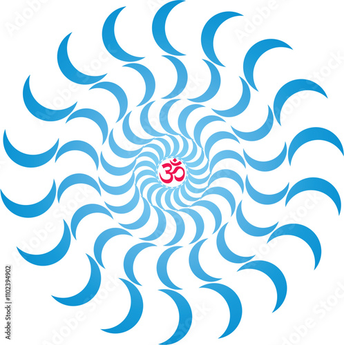 Openwork elegant mandala in blue tones on a white background. The sign aum, om, ohm in the center. Blue and light blue colors. Vector graphics.