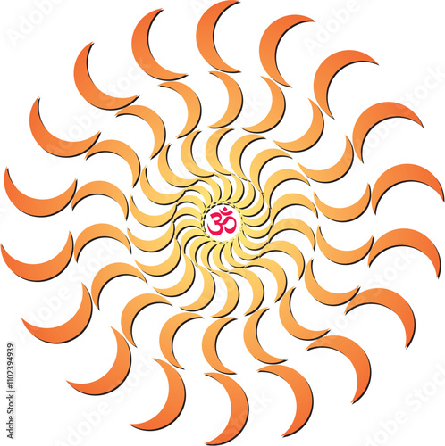 Mandala_Openwork yellow-orange elegant mandala on a white background. The sign aum, om, ohm in the center. Yellow, orange colors. Vector graphics.10-2024_38.eps