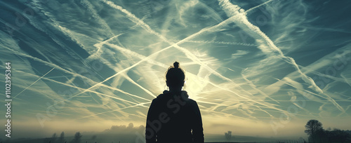 Person looking at the sky full of Chemtrails contrails photo