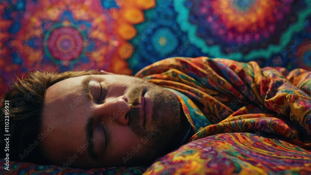 Obraz premium Primer plano de un hombre durmiendo con una escena psicodélica que lo rodea 