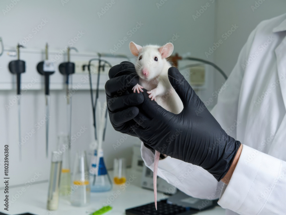 Manos de científico sosteniendo una rata de laboratorio en el laboratorio
Manos de científico sosteniendo una rata de laboratorio en el laboratorio