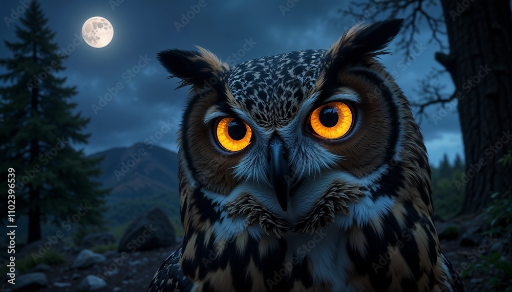 Owl staring under moonlight in a dark forest Owl staring under moonlight in a dark forest