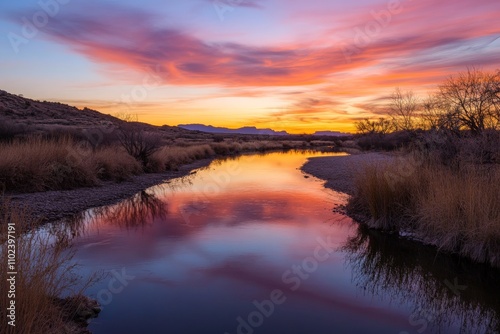 A stunning sunset reflects in a river with a picturesque landscape, showcasing nature's beauty and tranquility, with vibrant colors of the sky highlighting serenity.