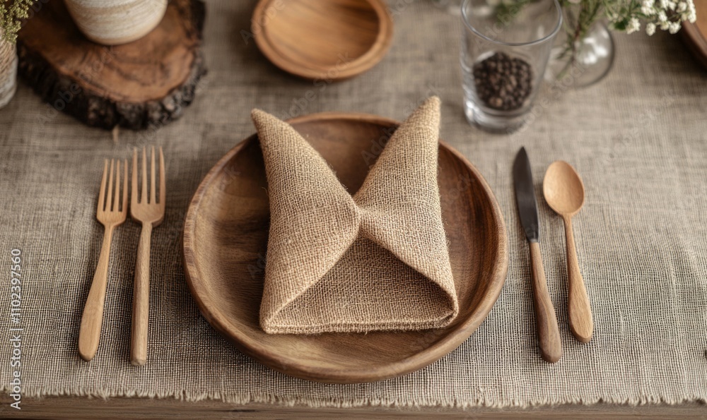 A charming rustic table setting with burlap napkins folded into decorative shapes, paired with wooden tableware for a cozy and inviting dining experience A charming rustic table setting with burlap napkins folded into decorative shapes, paired with wooden tableware for a cozy and inviting dining experience