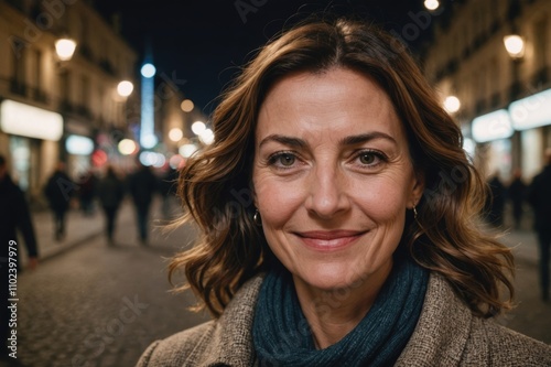 Close portrait of a smiling 40s French woman looking at the camera, French city outdoors at night blurred background