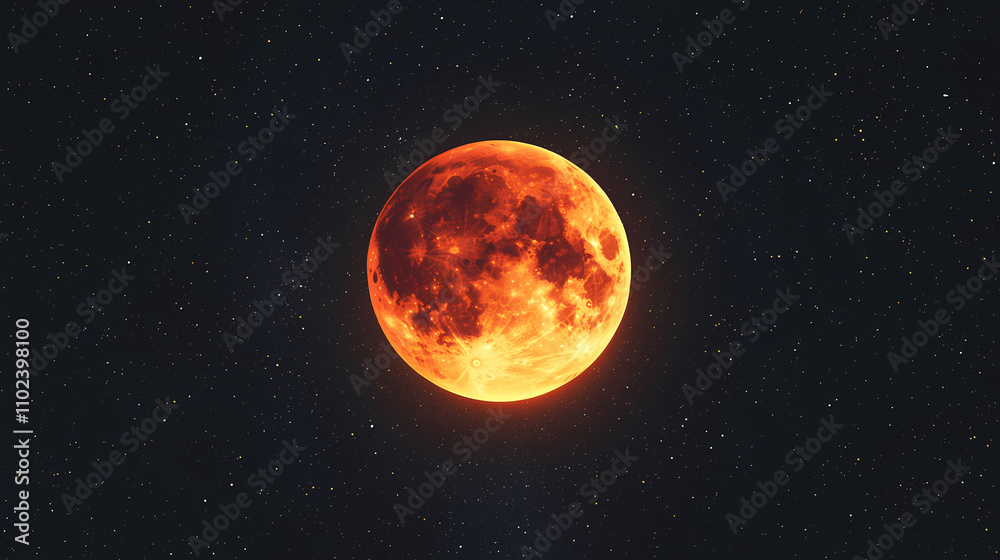 A captivating view of the moon with fiery surface in space above a distant planet. Ecliptic. Illustration A captivating view of the moon with fiery surface in space above a distant planet. Ecliptic. Illustration
