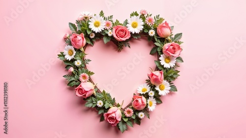 Heart-shaped floral arrangement bursting with fresh roses and daisies, perfect for expressing love on Valentine's Day, set against a soft pink background