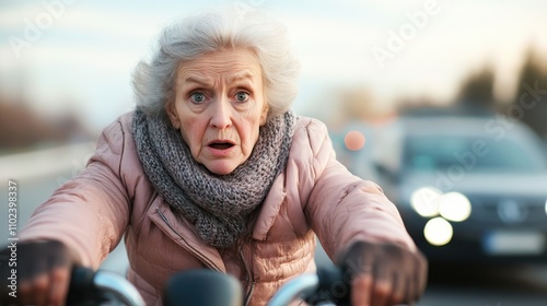 A senior woman with white hair and a shocked expression rides a bicycle swiftly in an outdoor setting, bundled up in warm clothing as cars whiz by. photo