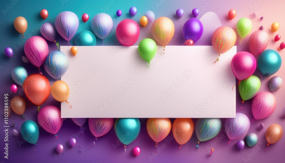 Balloons and a blank sign are floating in the air, frame , space for text