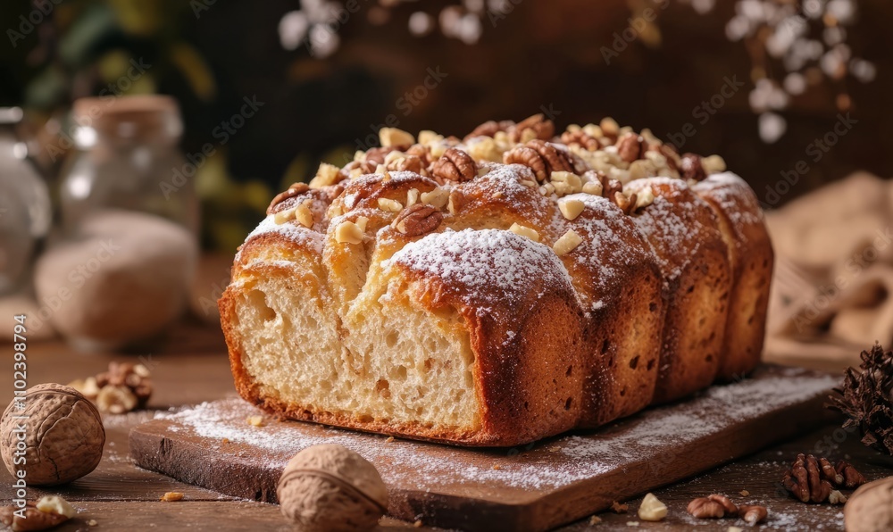 Freshly Baked Loaf of Bread With Nuts and Powdered Sugar Freshly Baked Loaf of Bread With Nuts and Powdered Sugar