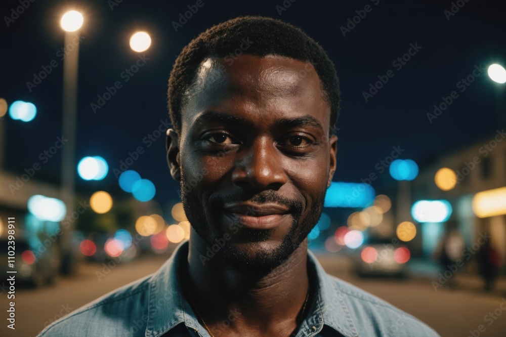 Close portrait of a smiling 40s Ghanaian man looking at the camera, Ghanaian city outdoors at night blurred background Close portrait of a smiling 40s Ghanaian man looking at the camera, Ghanaian city outdoors at night blurred background