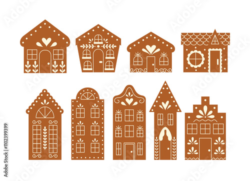 Gingerbread Houses Flat Collection. Christmas and New Year Cookies. Festive Bakery.