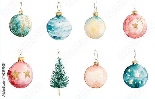 Watercolor illustration of christmas bulbs. Xmas ball decoration