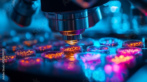 Human cell cultures illuminated under high-tech microscope