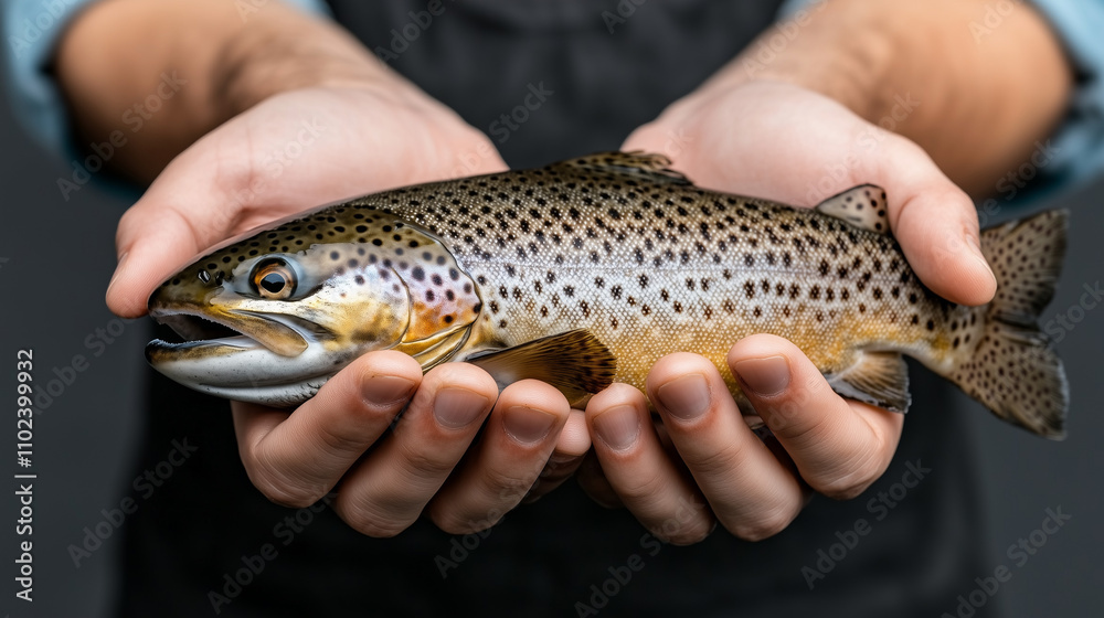 Fresh trout held in hands, Whole fish with detailed scales, Raw trout displayed for culinary preparation Fresh trout held in hands, Whole fish with detailed scales, Raw trout displayed for culinary preparation