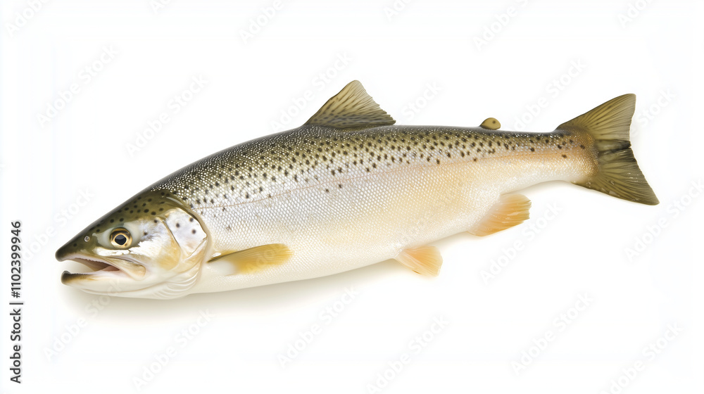 Whole fresh fish isolated on white, Fresh trout fish for seafood preparation, Raw fish ready for cooking Whole fresh fish isolated on white, Fresh trout fish for seafood preparation, Raw fish ready for cooking