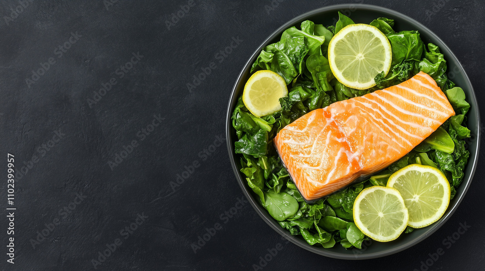 Fresh salmon fillet with spinach and lemon slices, Raw salmon on a bed of greens, Healthy seafood dish with vibrant colors Fresh salmon fillet with spinach and lemon slices, Raw salmon on a bed of greens, Healthy seafood dish with vibrant colors