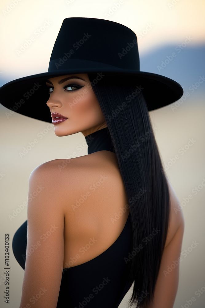 Portrait of elegant woman in a black hat, Fashionable woman with striking makeup and hat, Glamorous profile with modern elegance Portrait of elegant woman in a black hat, Fashionable woman with striking makeup and hat, Glamorous profile with modern elegance