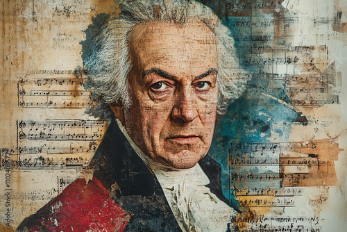 Vintage collage portrait of an older mozart.