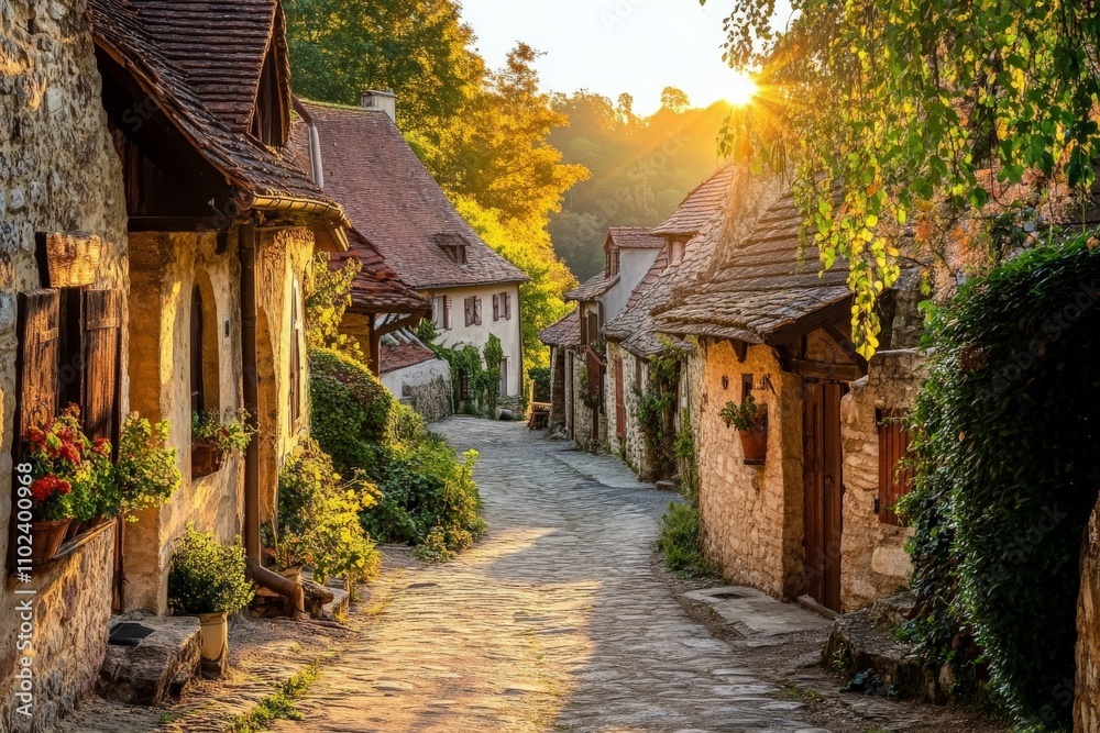 A charming village path bathed in golden sunlight, flanked by quaint stone cottages with rustic wooden shutters, exuding an inviting and peaceful ambiance. A charming village path bathed in golden sunlight, flanked by quaint stone cottages with rustic wooden shutters, exuding an inviting and peaceful ambiance.