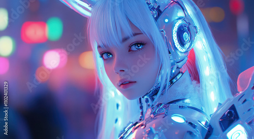 A beautiful anime-style girl with white hair and silver rabbit eyes and ears, dressed in an intricate robotic costume with glowing neon details