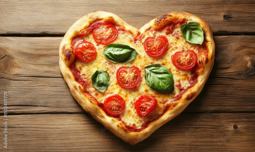 Heart shaped pizza with tomatoes and basil on wooden table Heart shaped pizza with tomatoes and basil on wooden table