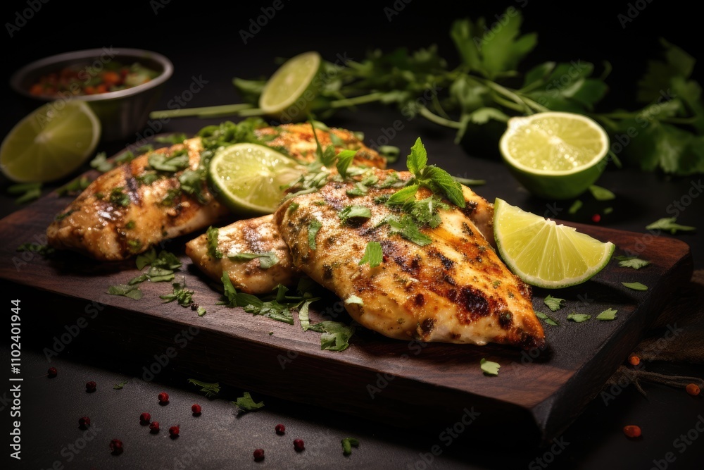 Chicken breast cooked on grill with herbs and lime Chicken breast cooked on grill with herbs and lime