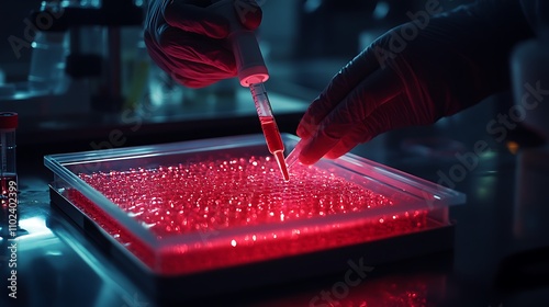 Hand with pipette adding liquid to human cell culture tray
