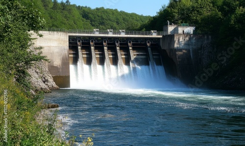 Hydroelectric Dam with Flowing Water and Energy Generation