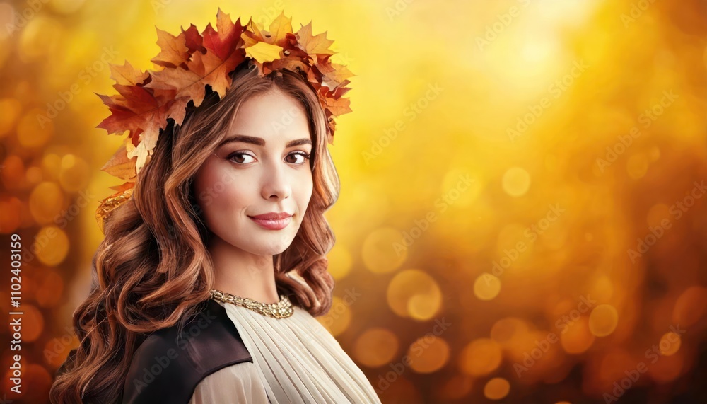 smiling beautiful woman wearing a crown of autumn leaves smiling beautiful woman wearing a crown of autumn leaves