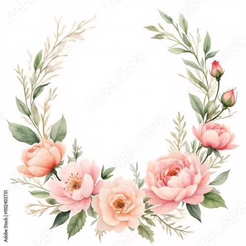 Floral wreath design with pink peonies and greenery, elegant composition on white background