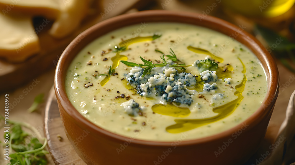 A Deliciously Creamy Broccoli Soup with Blue Cheese: A Culinary Delight in a Rustic Kitchen Setting A Deliciously Creamy Broccoli Soup with Blue Cheese: A Culinary Delight in a Rustic Kitchen Setting