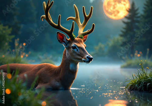 A Serene Moonlit Night Featuring a Graceful Deer Reflecting on Tranquil Waters Surrounded by Lush Greenery and Enchanted Fireflies in a Magical Atmosphere. photo