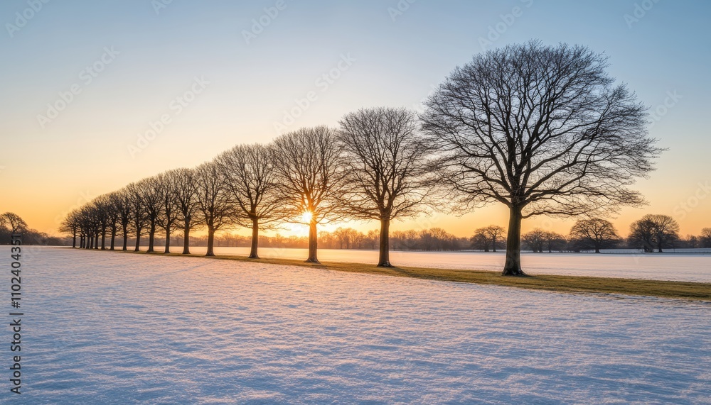 Winter Wonderland Scenic View of Snow Covered Field with Trees and Golden Sunset at Dawn Winter Wonderland Scenic View of Snow Covered Field with Trees and Golden Sunset at Dawn