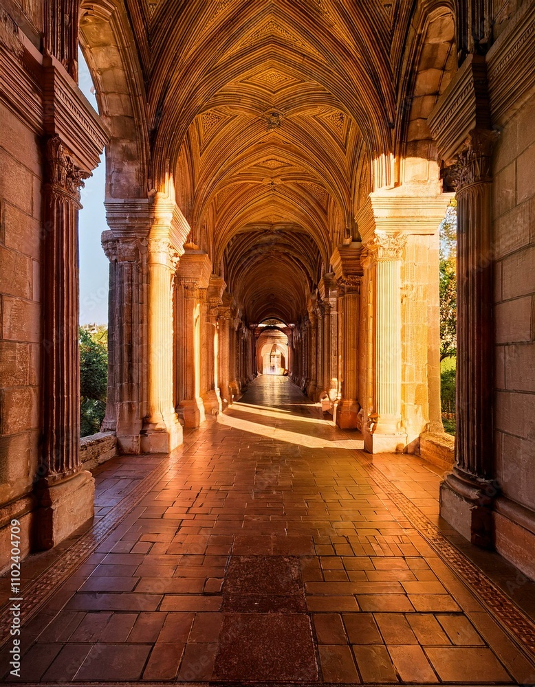 Golden hour sunlight streams through a majestic arched colonnade. Golden hour sunlight streams through a majestic arched colonnade.