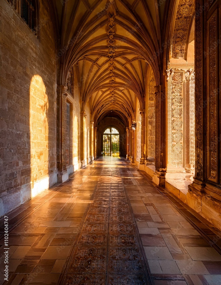 Sunlit stone hallway with arched ceilings in a historical building. Sunlit stone hallway with arched ceilings in a historical building.