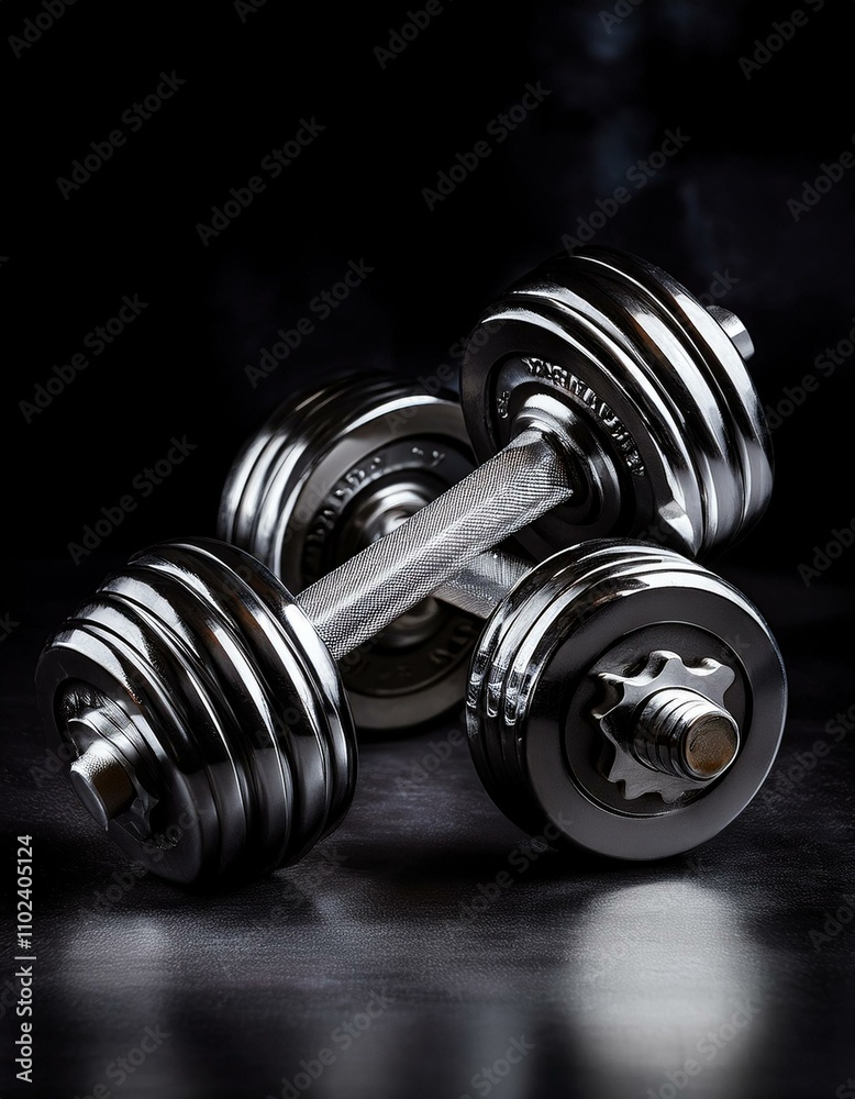 Sleek chrome dumbbells on a dark surface, ready for a workout. Sleek chrome dumbbells on a dark surface, ready for a workout.